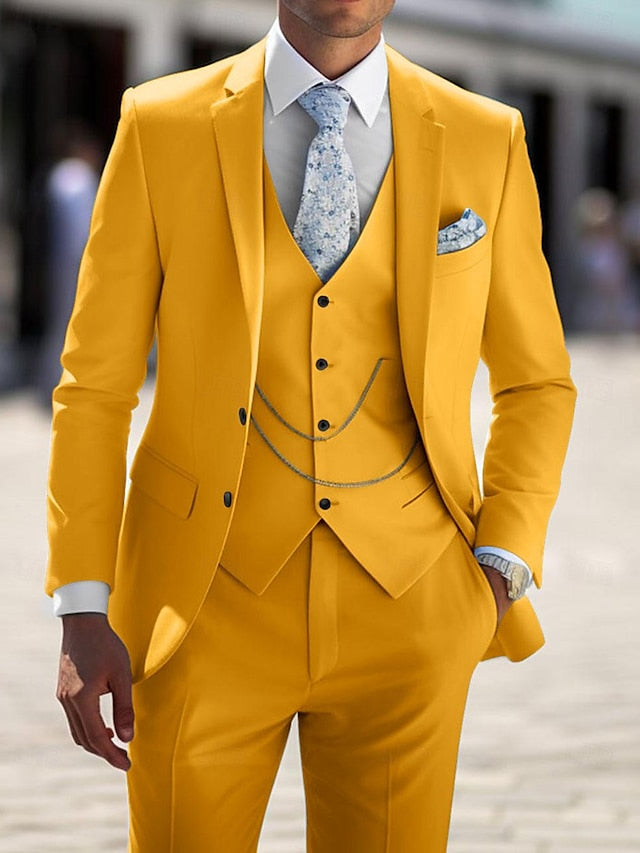 Men's Tailored Fit Single Breasted Two-buttons 3 Pieces Wedding Suits Yellow