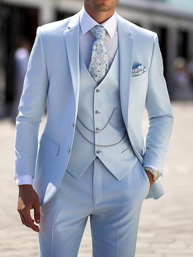 Men's Tailored Fit Single Breasted Two-buttons 3 Pieces Wedding Suits Sky Blue