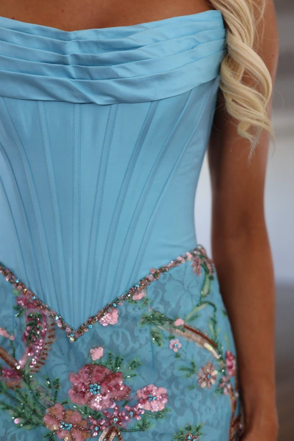 Sky Blue Strapless Corset Homecoming Dress with Floral Embroidered Sequin