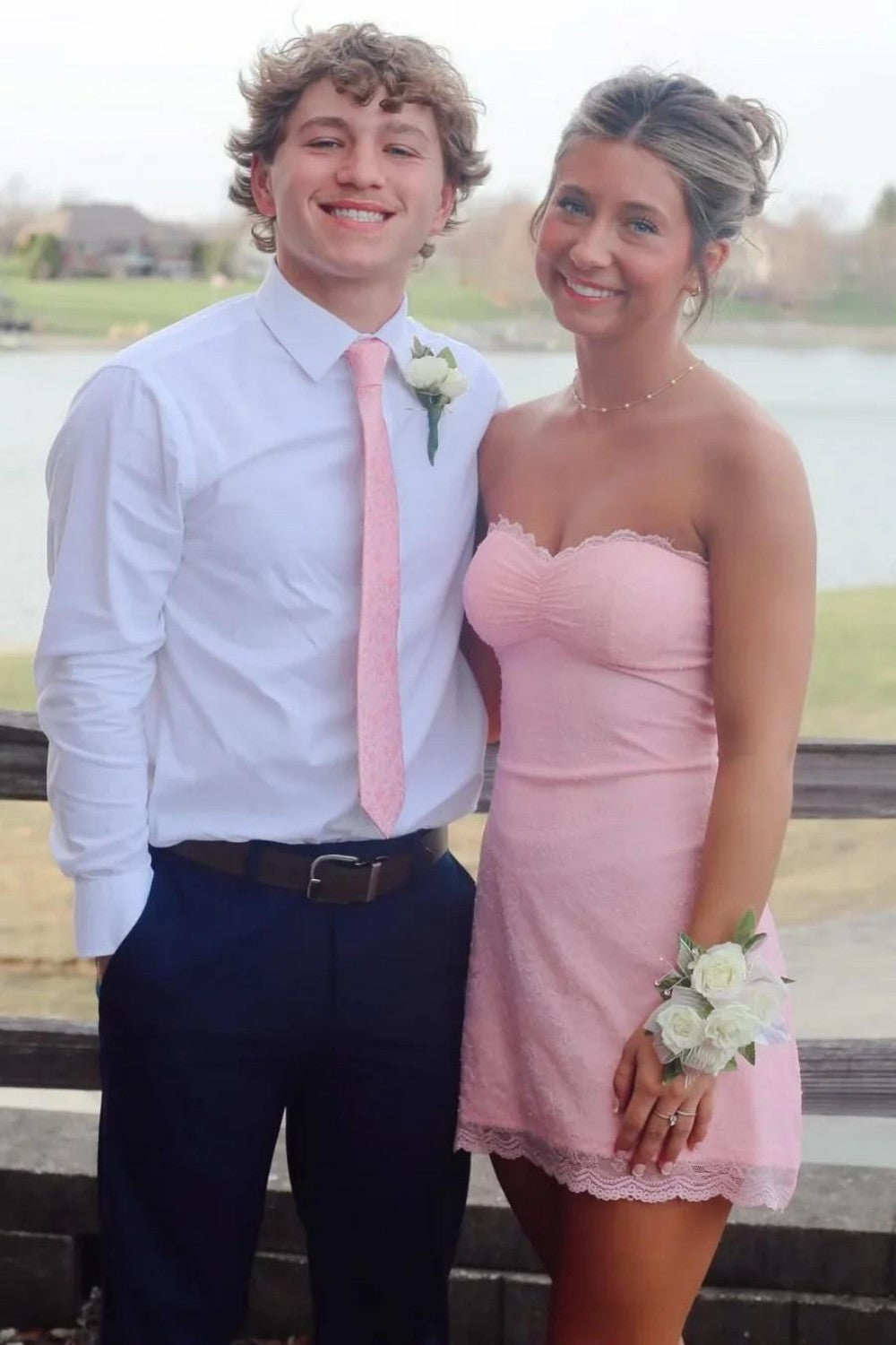 Soft Blush Pink Strapless Mini Homecoming Dress with Lace Trim