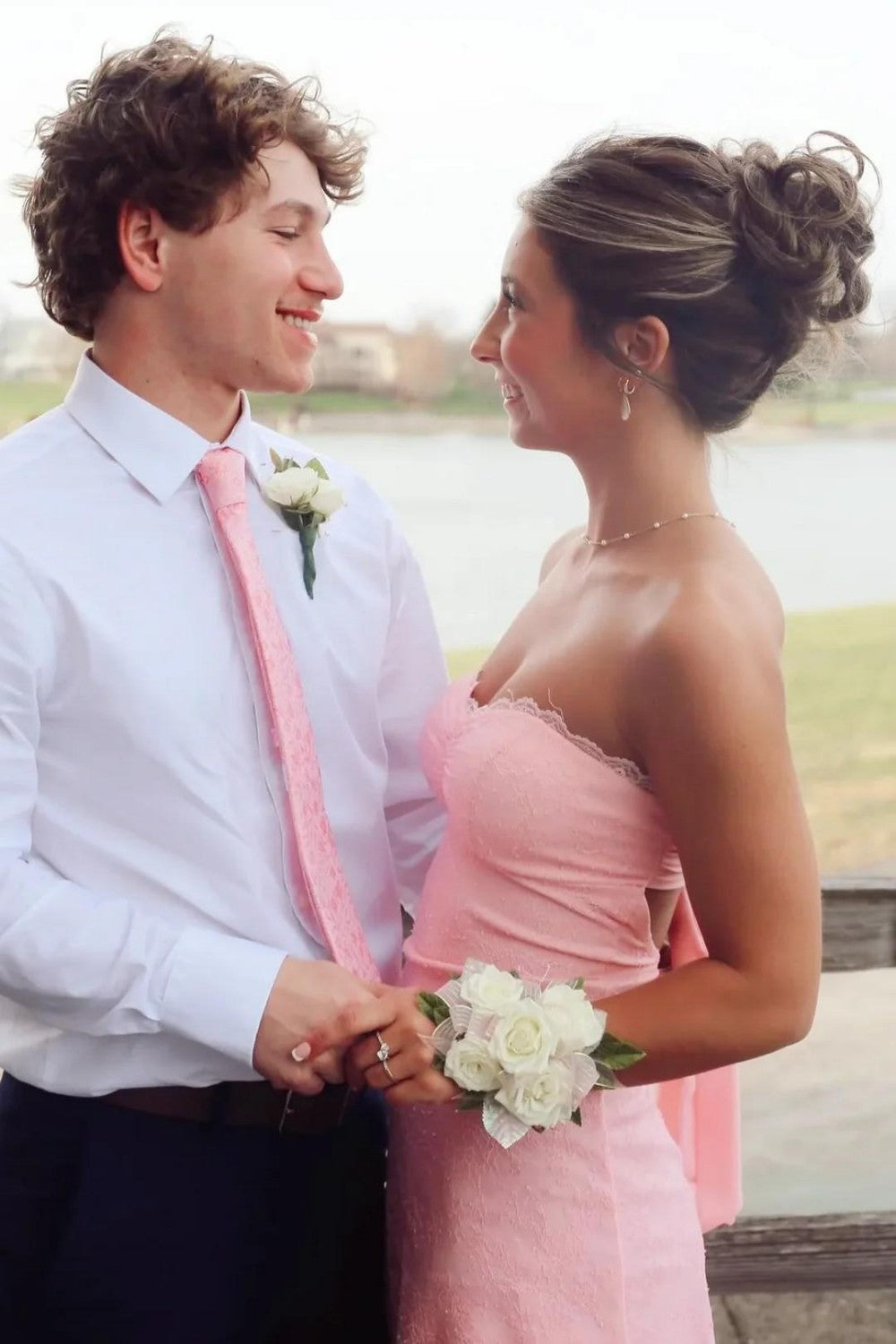 Soft Blush Pink Strapless Mini Homecoming Dress with Lace Trim