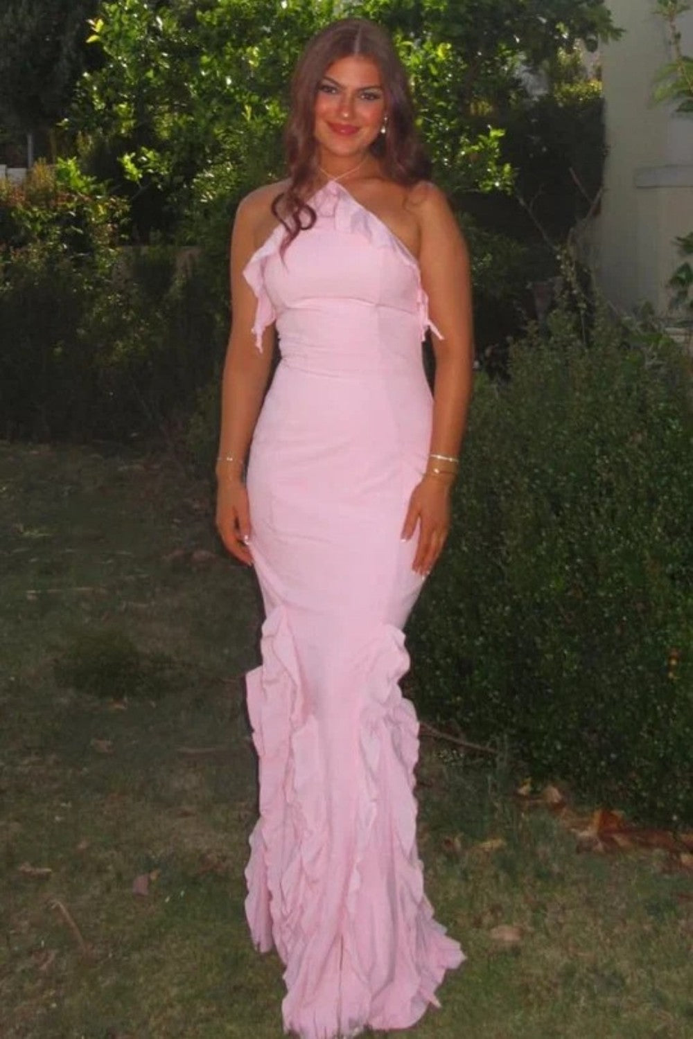 Soft Pink Ruffle Detail Halter Neck Backless Long Mermaid Prom Dress