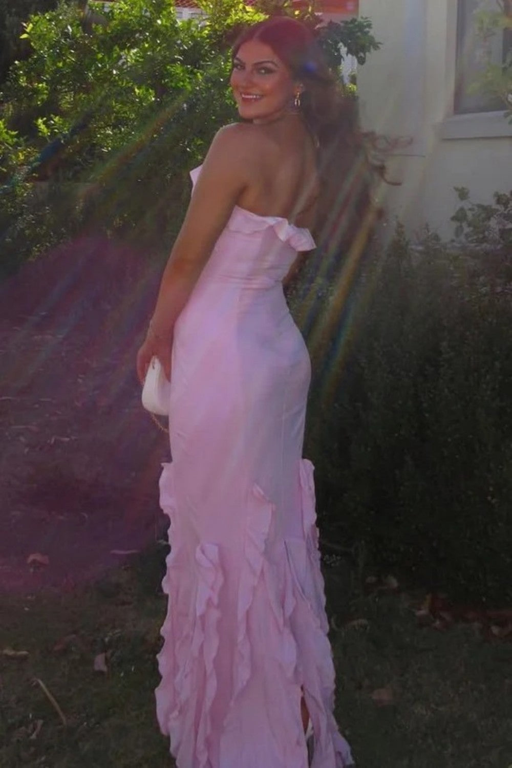 Soft Pink Ruffle Detail Halter Neck Backless Long Mermaid Prom Dress