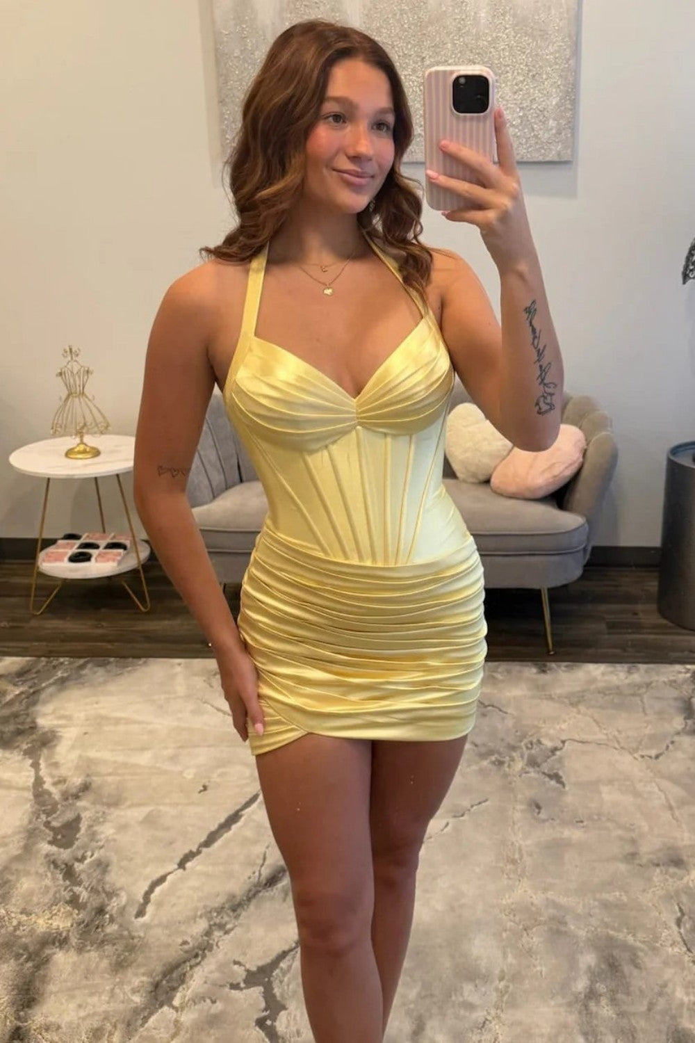 Soft Yellow Halter Corset Homecoming Dress with Ruched Bodycon Fit