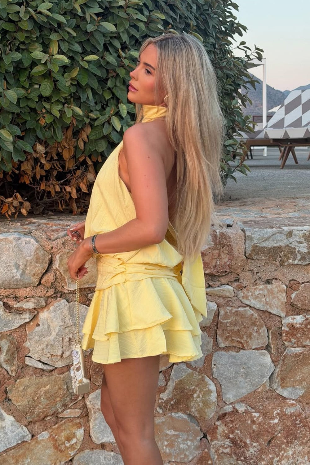 Soft Yellow Halter Party Dress with Ruched Waist and Tiered Ruffles