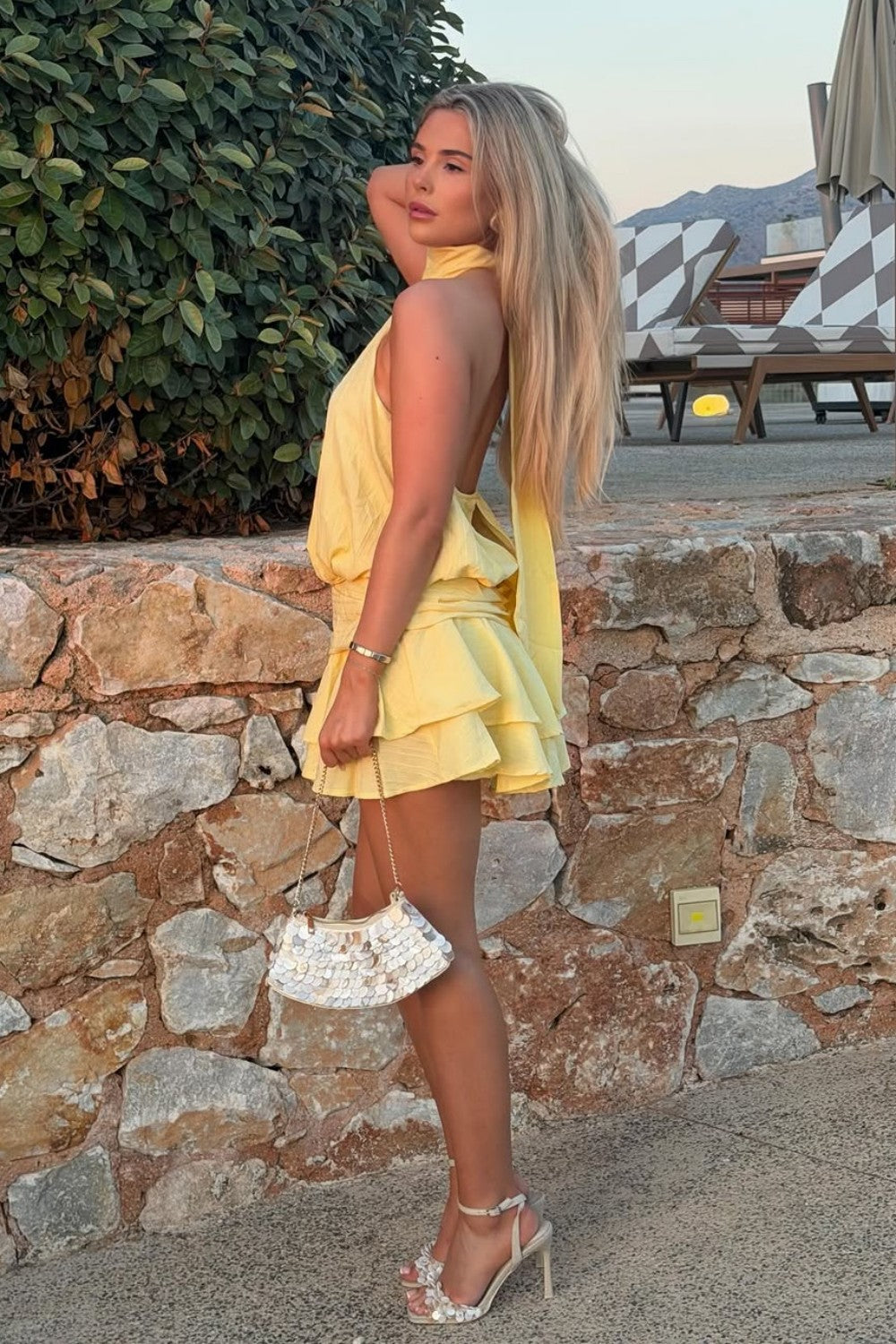 Soft Yellow Halter Party Dress with Ruched Waist and Tiered Ruffles