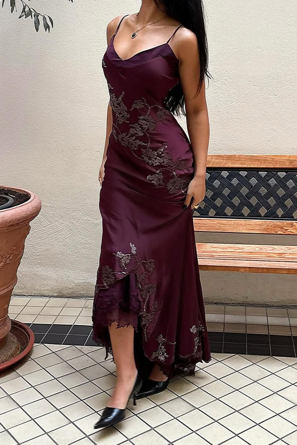 Sophisticated Burgundy Satin Prom Dress with Spaghetti Straps and Lace Detail