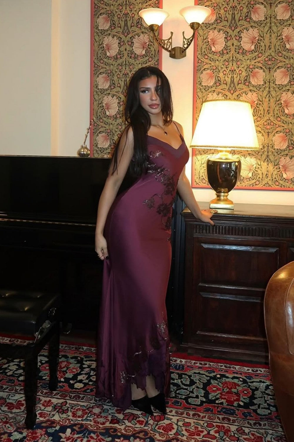 Sophisticated Burgundy Satin Prom Dress with Spaghetti Straps and Lace Detail