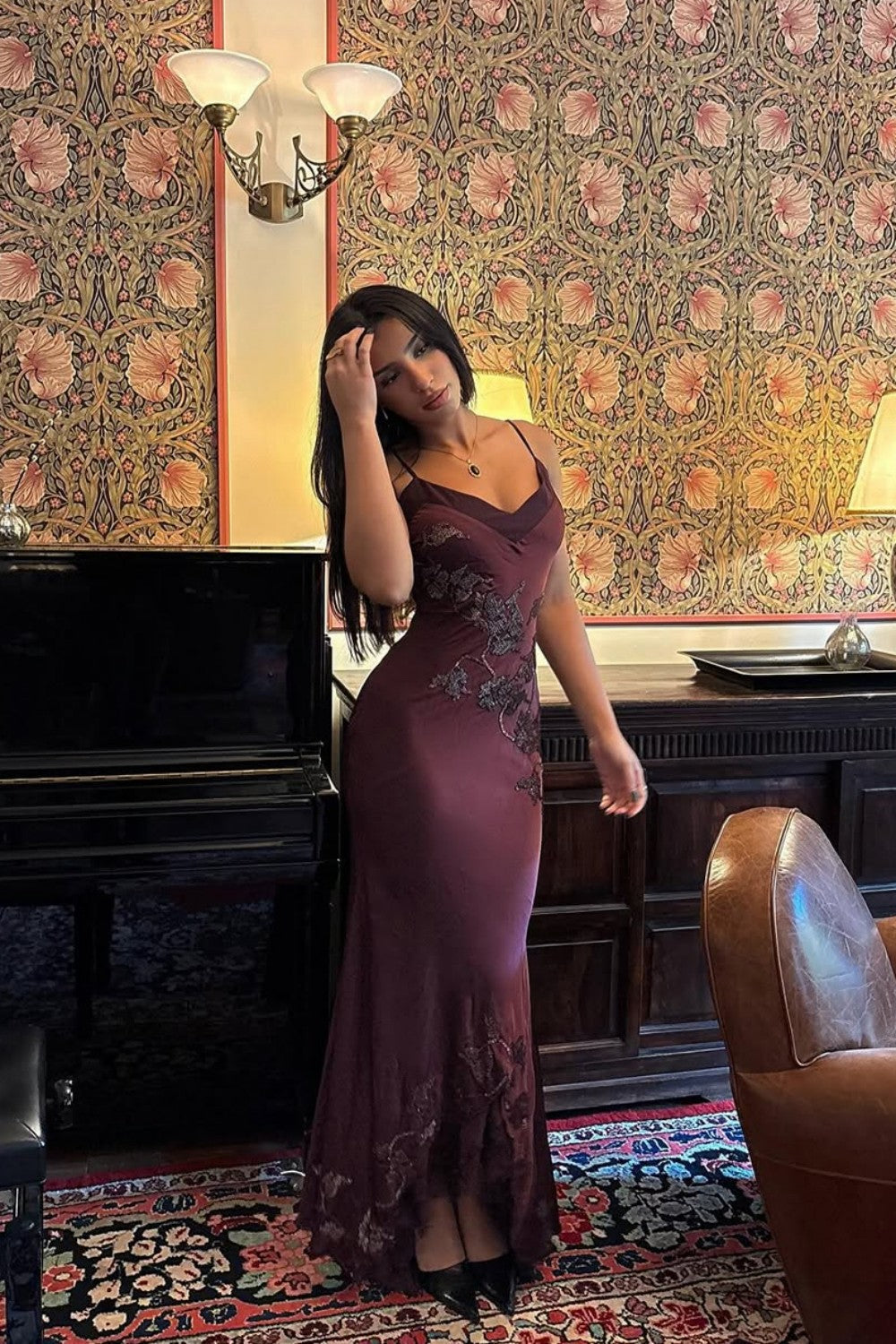 Sophisticated Burgundy Satin Prom Dress with Spaghetti Straps and Lace Detail