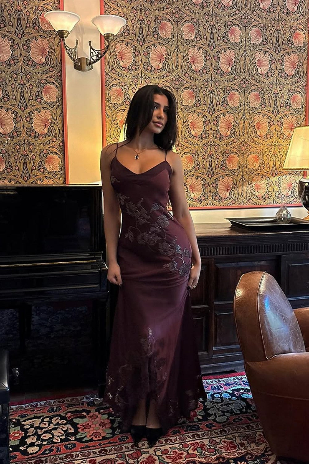 Sophisticated Burgundy Satin Prom Dress with Spaghetti Straps and Lace Detail