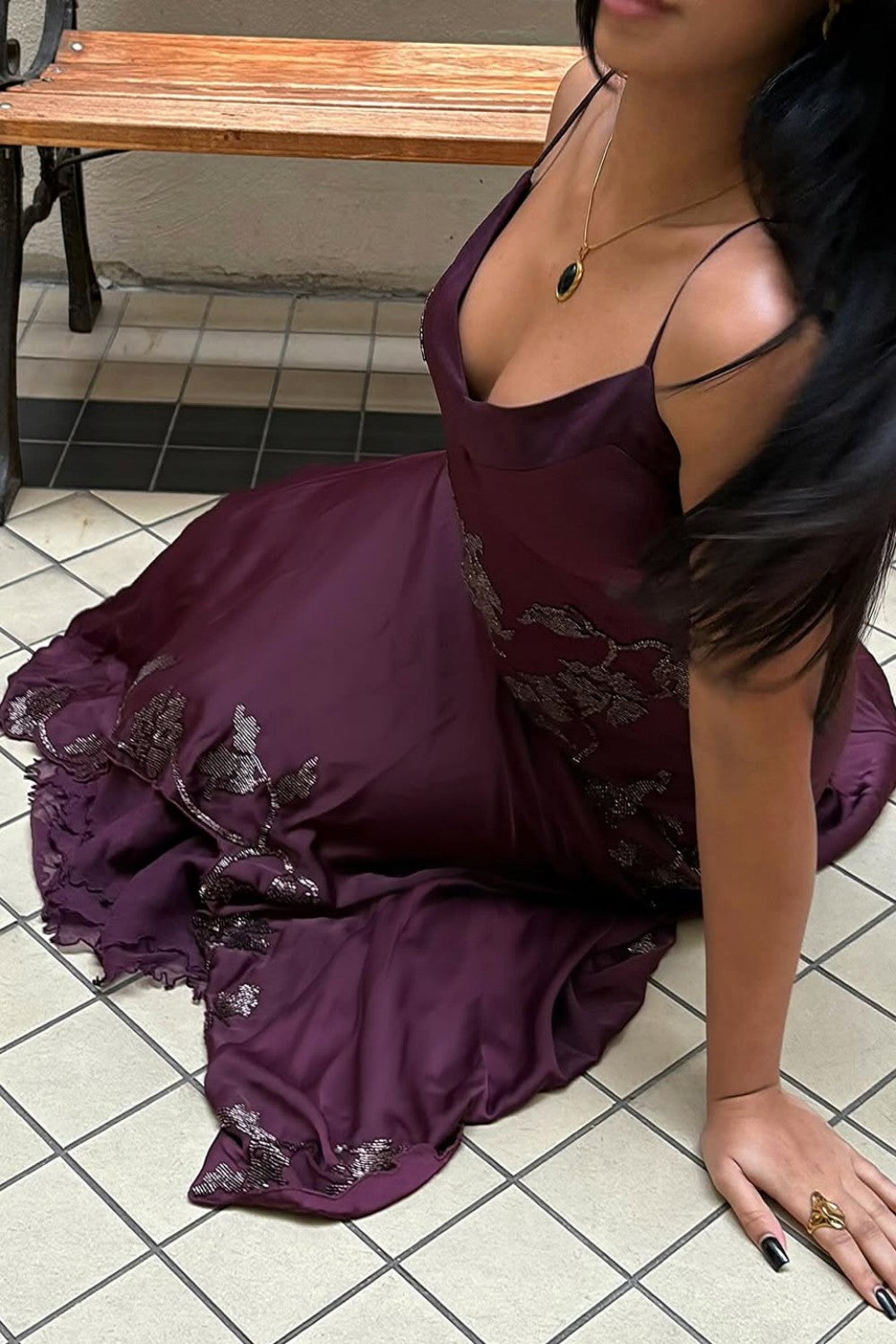 Sophisticated Burgundy Satin Prom Dress with Spaghetti Straps and Lace Detail