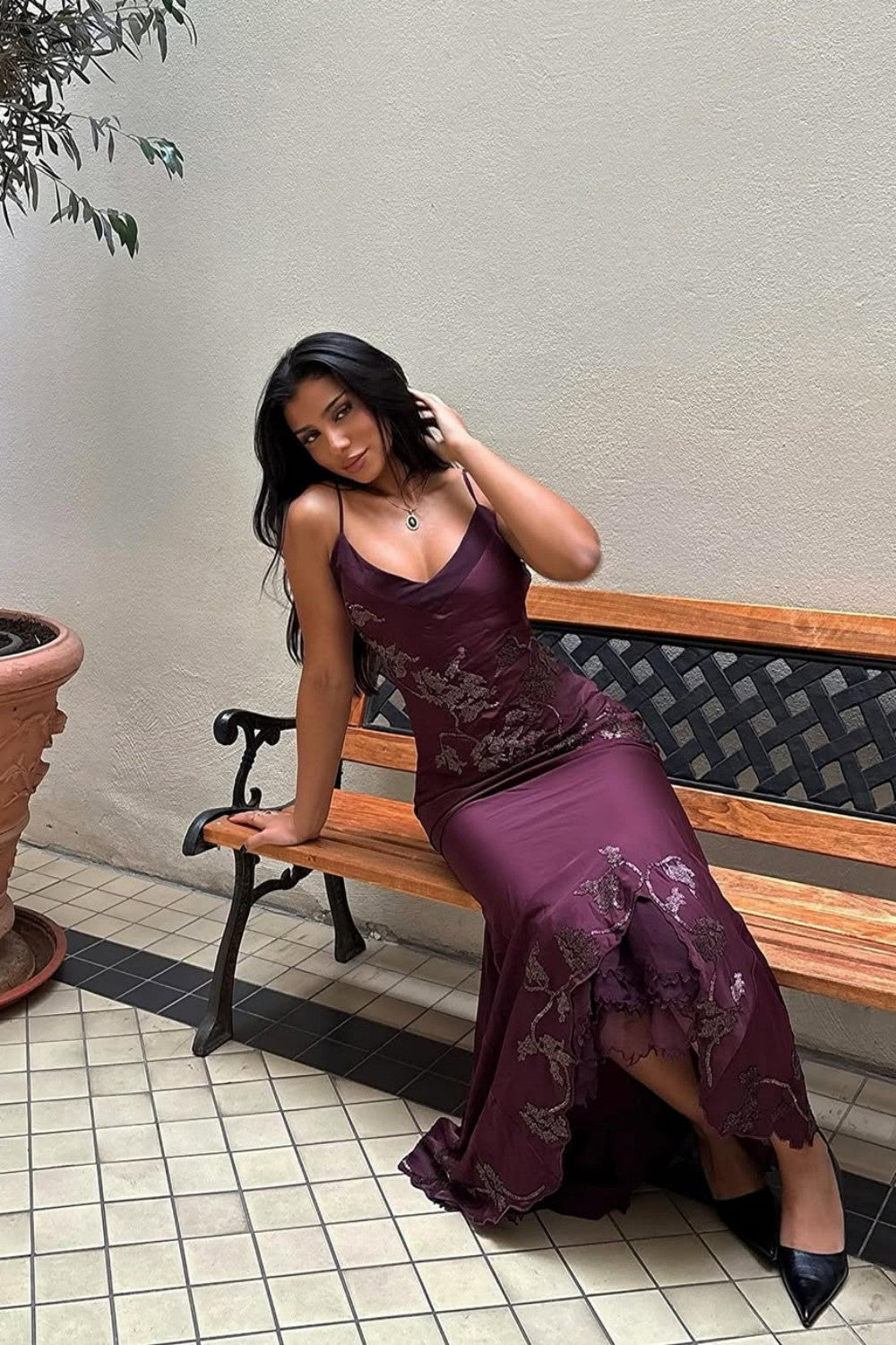 Sophisticated Burgundy Satin Prom Dress with Spaghetti Straps and Lace Detail