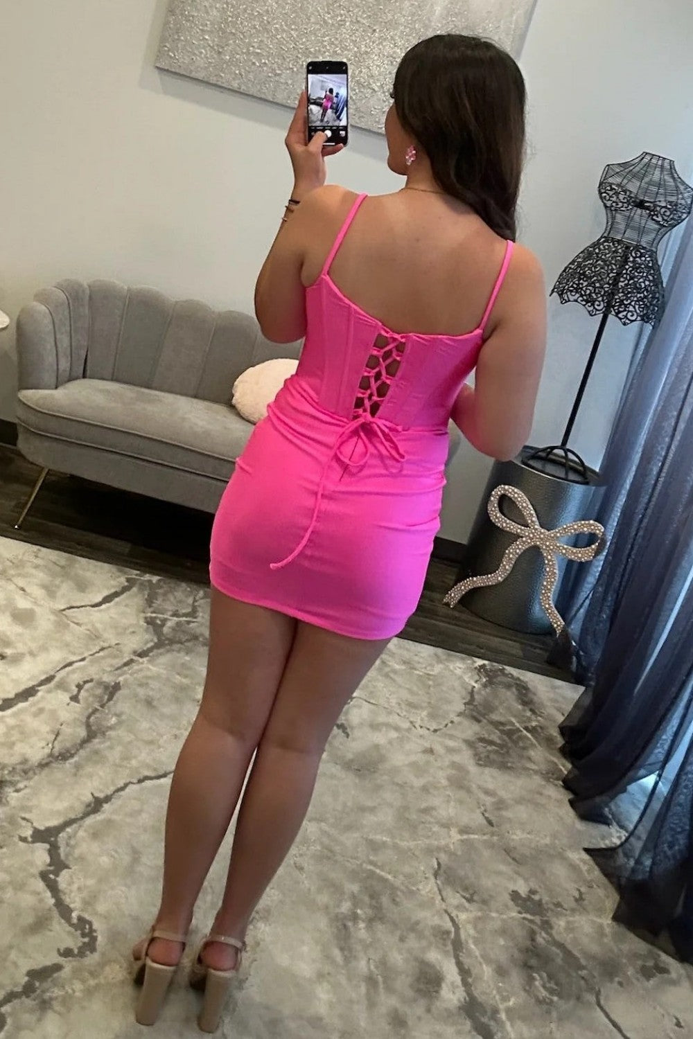Spaghetti Straps Bodycon Homecoming Dress with Corset Boning and Mini Skirt