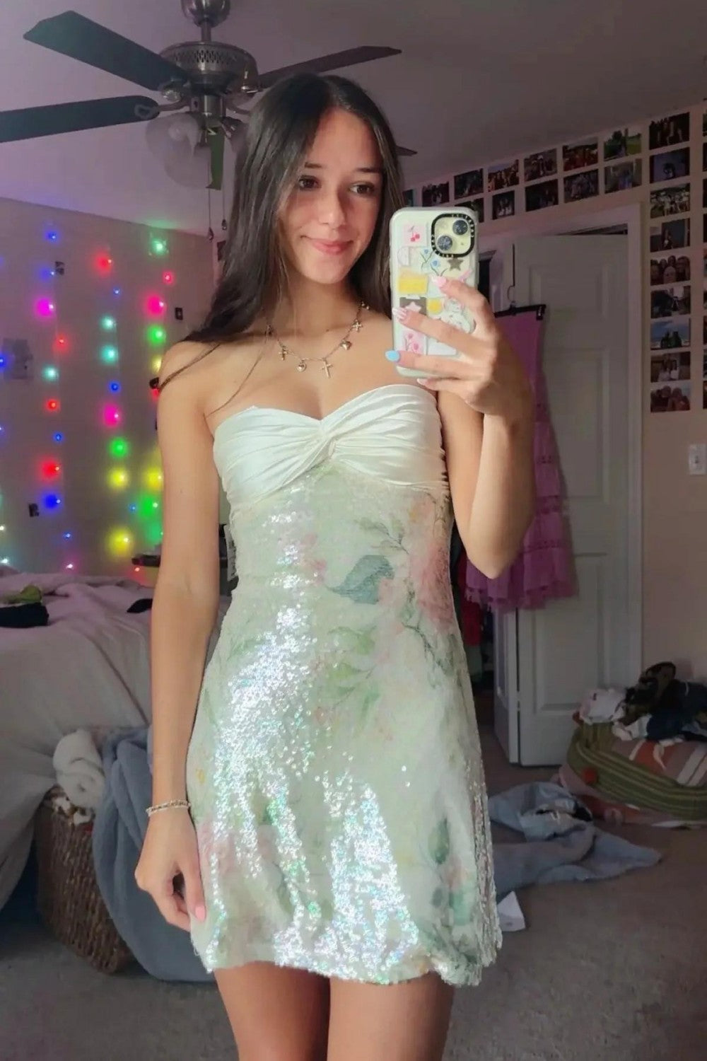 Sparkling Ivory Strapless Sequin Homecoming Dress with Ruched Bodice