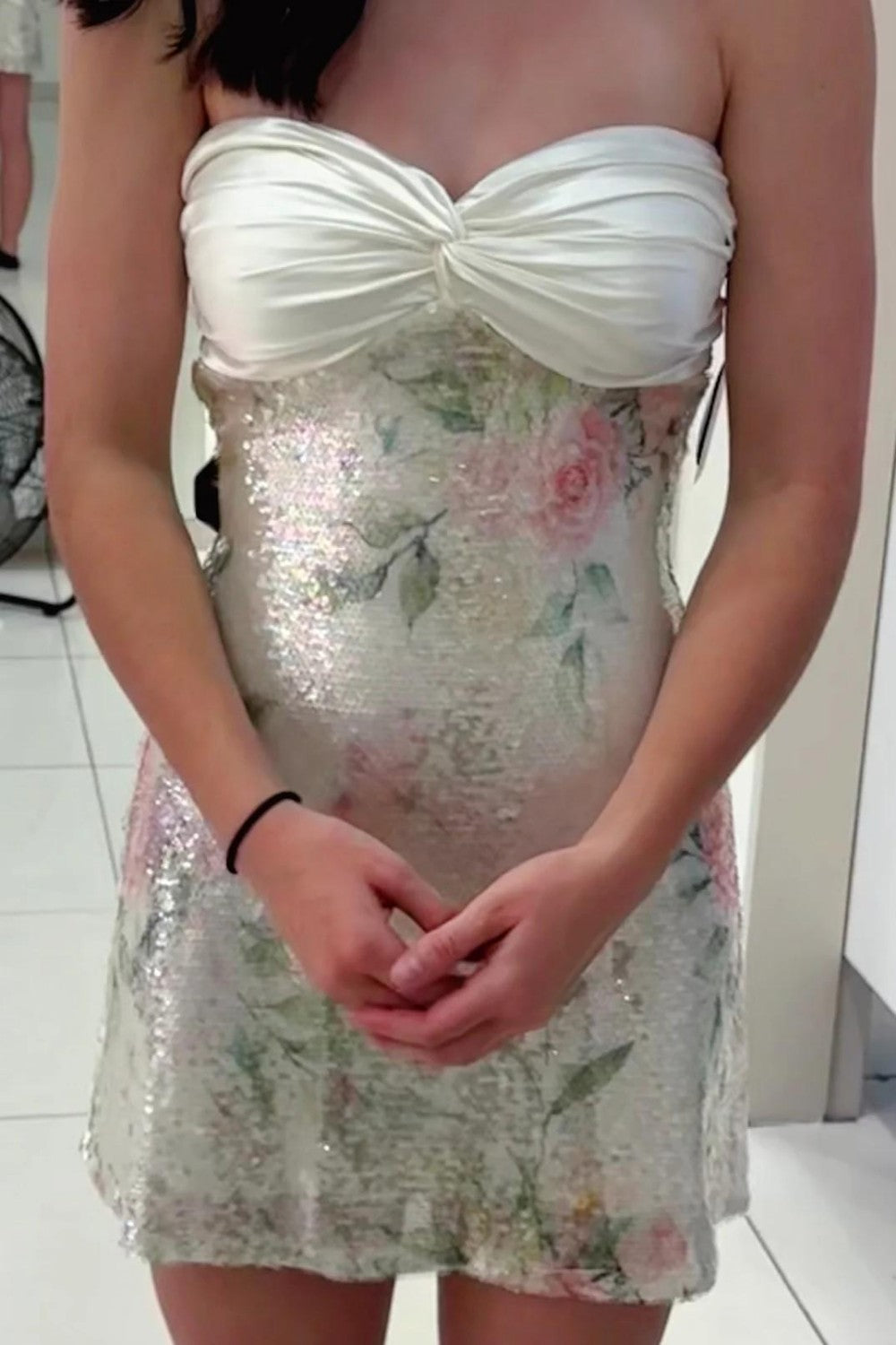 Sparkling Ivory Strapless Sequin Homecoming Dress with Ruched Bodice