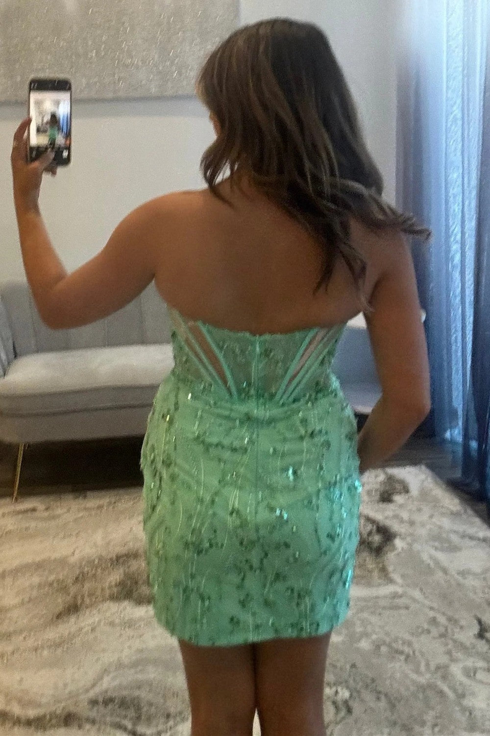 Sparkling Mint Green Strapless Beaded Corset Mini Homecoming Dress