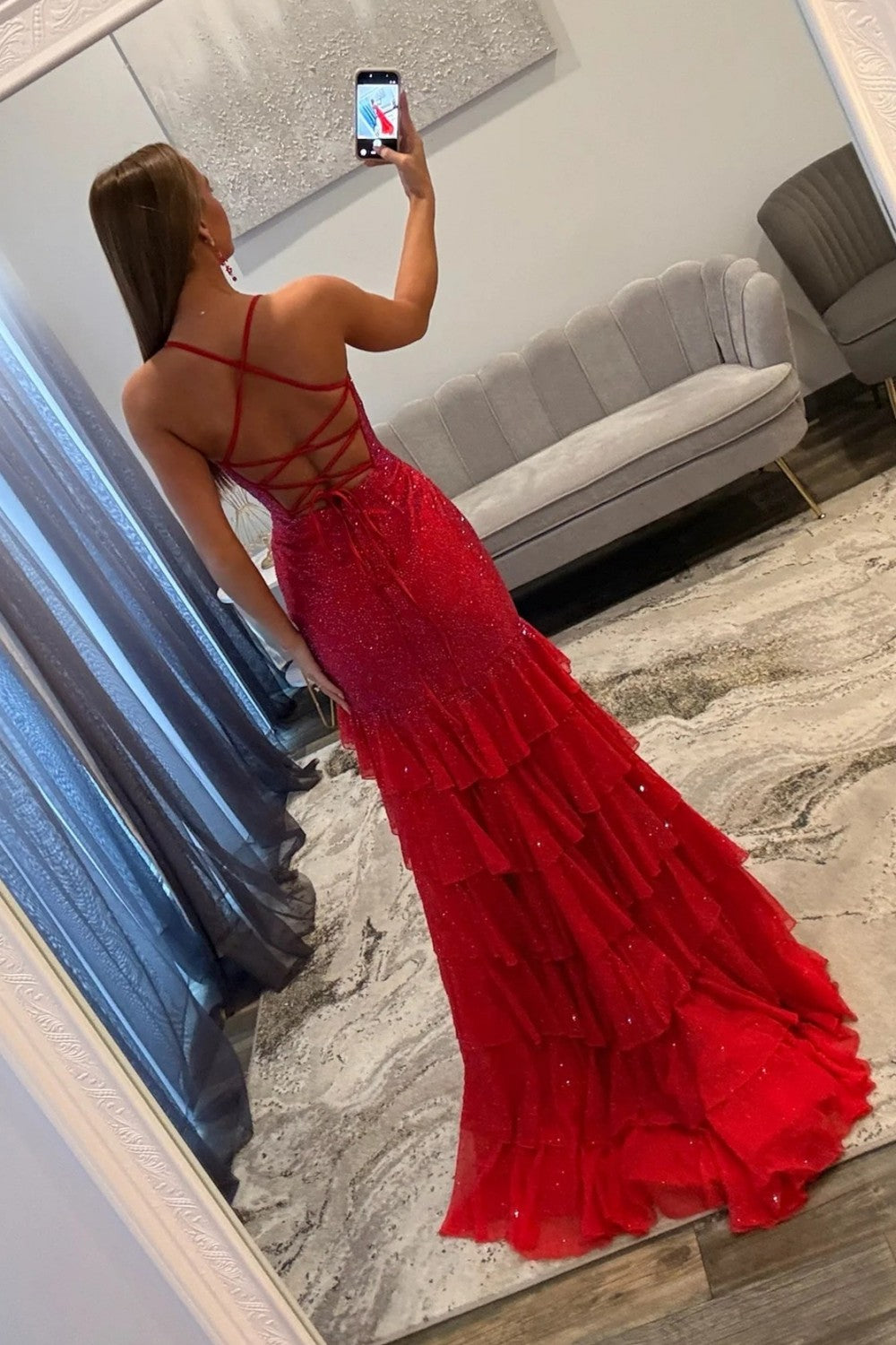 Sparkling Red Beaded Mermaid Prom Evening Gown with Ruffle Skirt