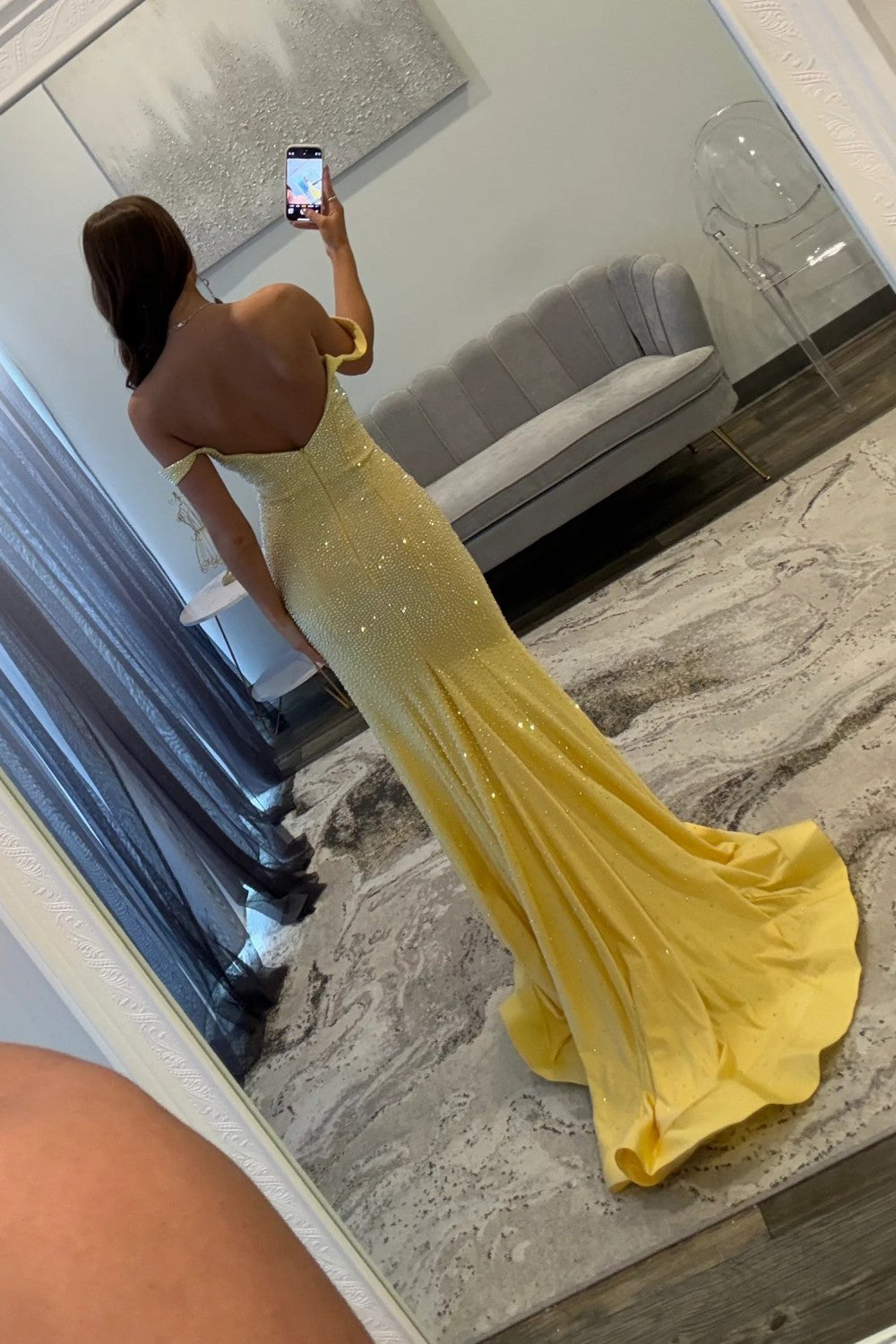 Sparkling Yellow Off Shoulder long Beaded Formal Prom Dress with Leg Slit