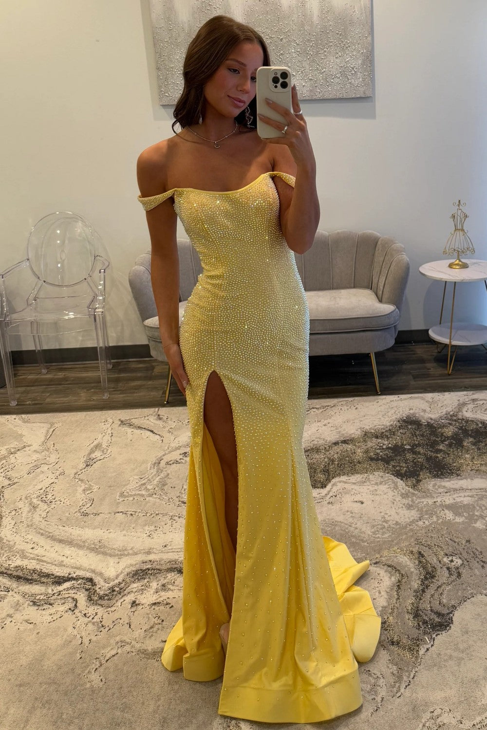Sparkling Yellow Off Shoulder long Beaded Formal Prom Dress with Leg Slit