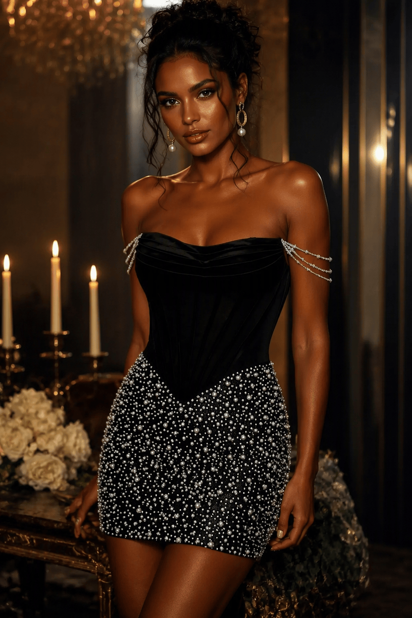 Sparkly Beaded Bodycon Homecoming Dress with Corset Bodice and Draped Neckline
