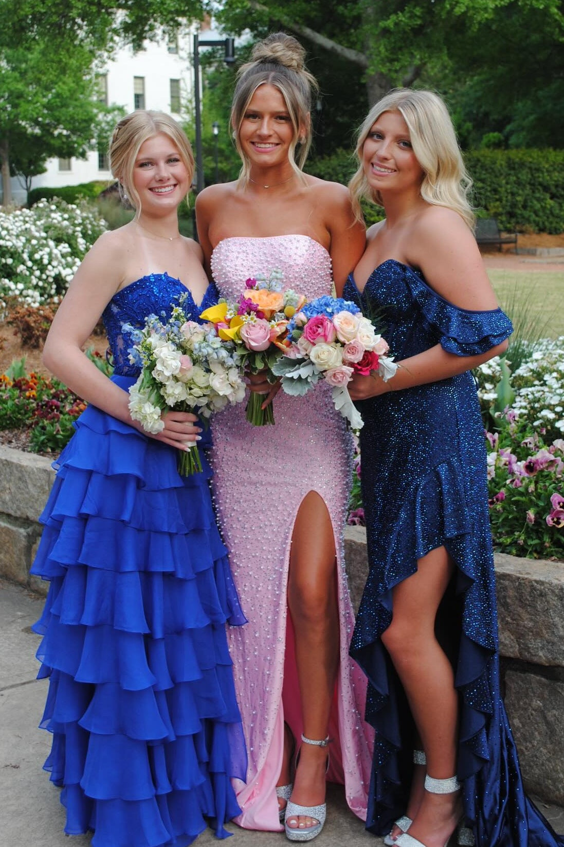 Sparkly Blush Pink Pearl Embellished Long Prom Dress with Side Slit