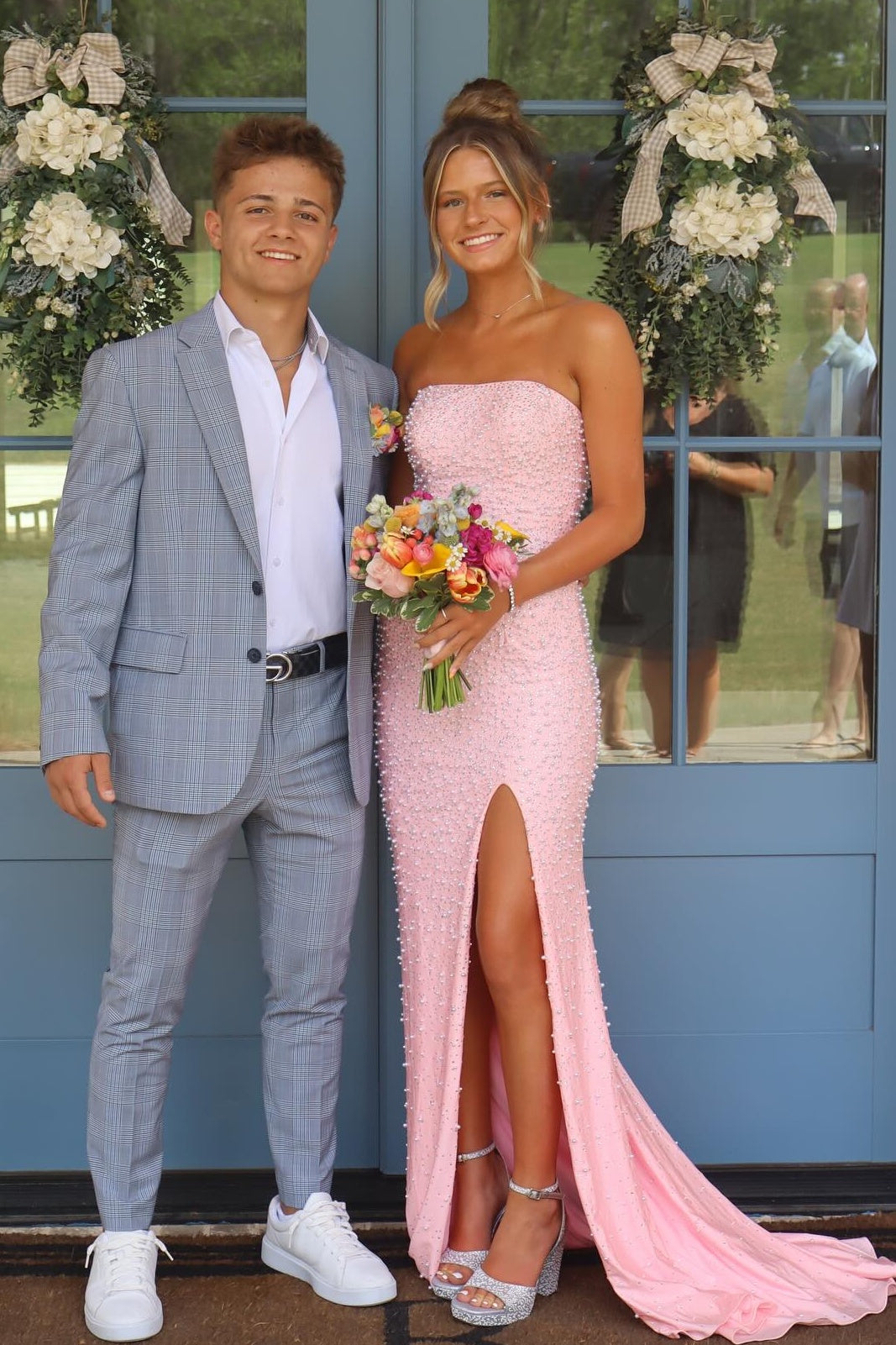 Sparkly Blush Pink Pearl Embellished Long Prom Dress with Side Slit