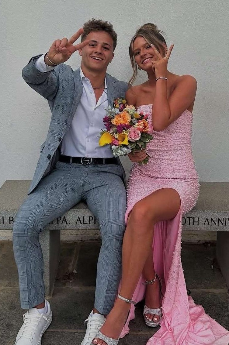 Sparkly Blush Pink Pearl Embellished Long Prom Dress with Side Slit
