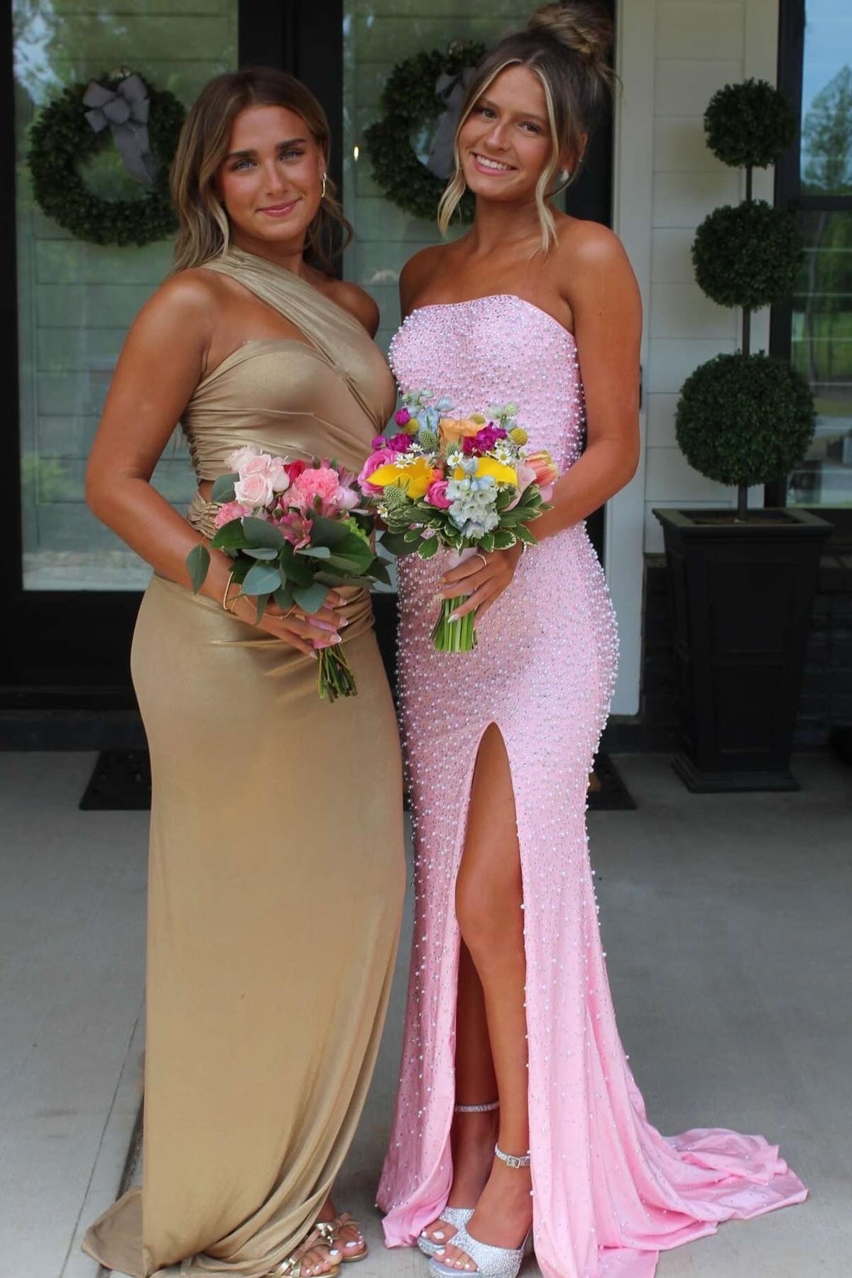 Sparkly Blush Pink Pearl Embellished Long Prom Dress with Side Slit