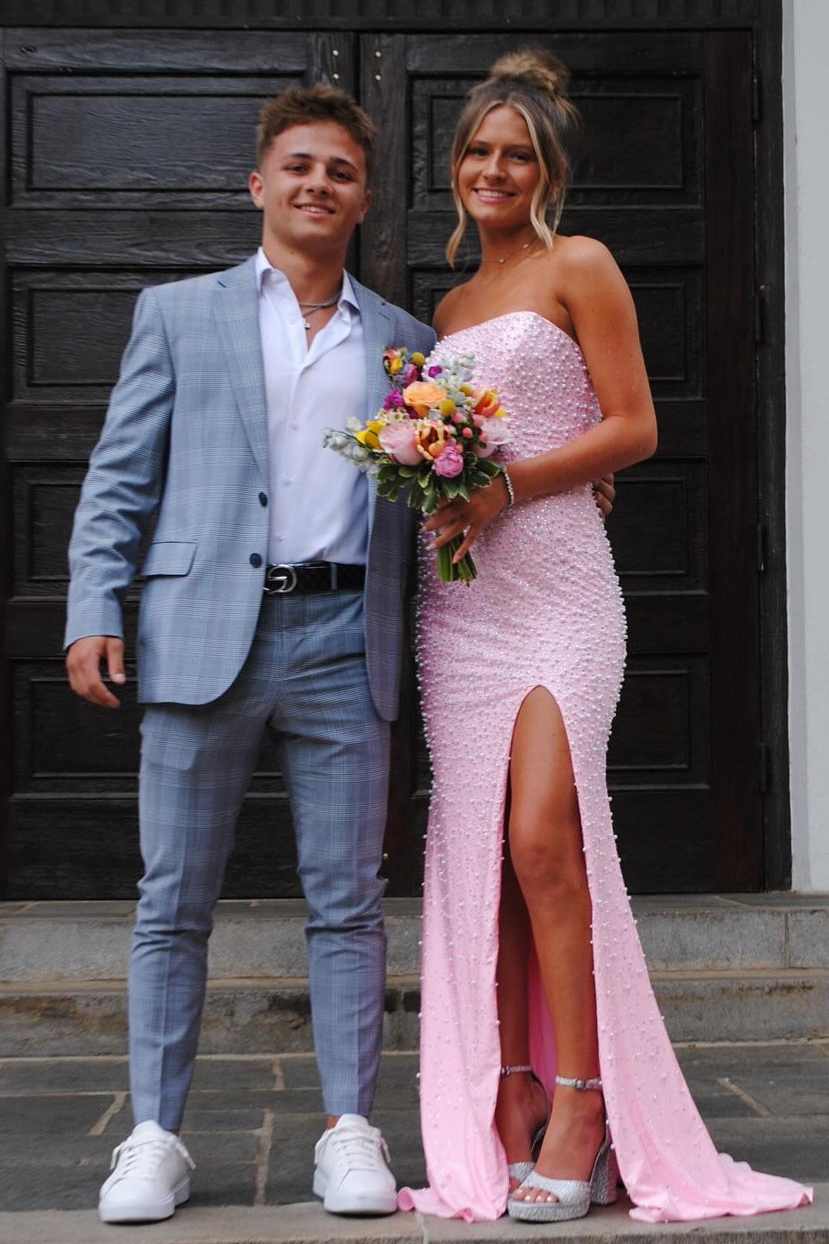 Sparkly Blush Pink Pearl Embellished Long Prom Dress with Side Slit