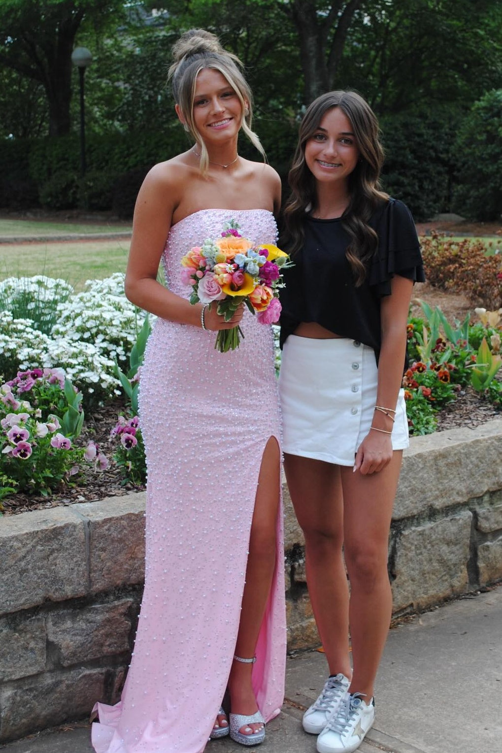 Sparkly Blush Pink Pearl Embellished Long Prom Dress with Side Slit