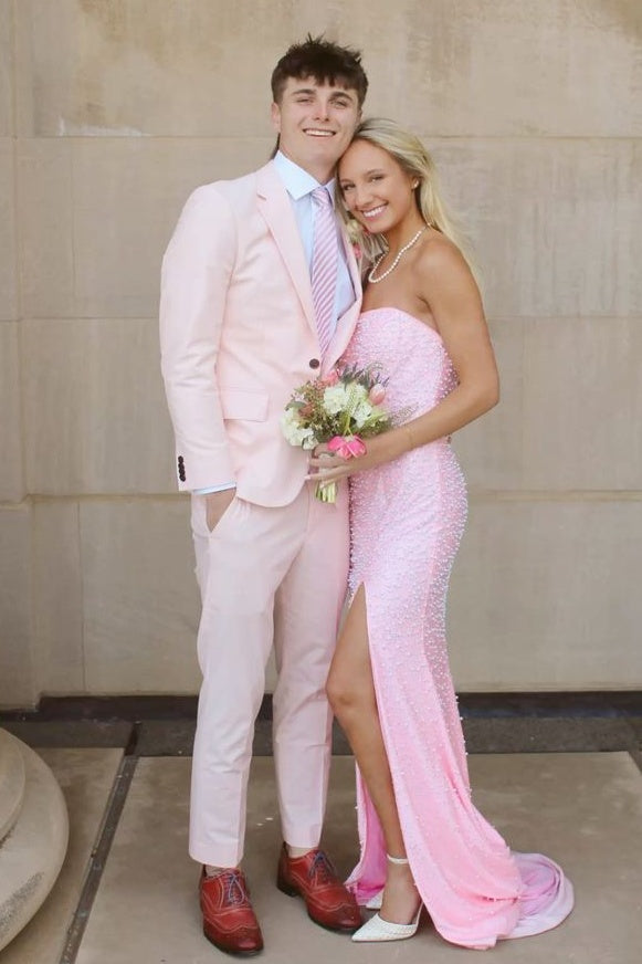 Sparkly Blush Pink Pearl Embellished Long Prom Dress with Side Slit