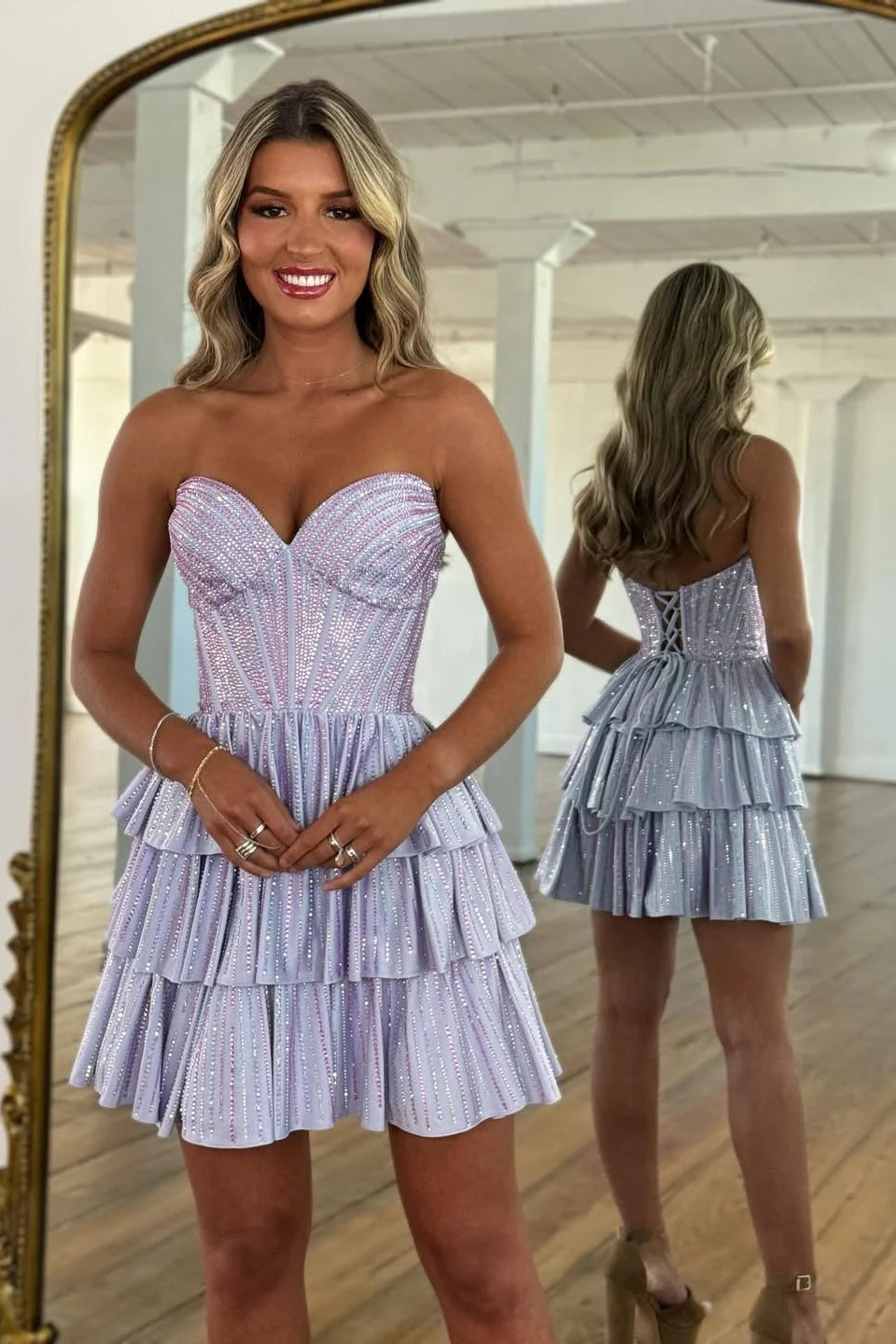 Sparkly Gorgeous Sweetheart A-Line Homecoming Dress with Short Tiered Beaded Skirt
