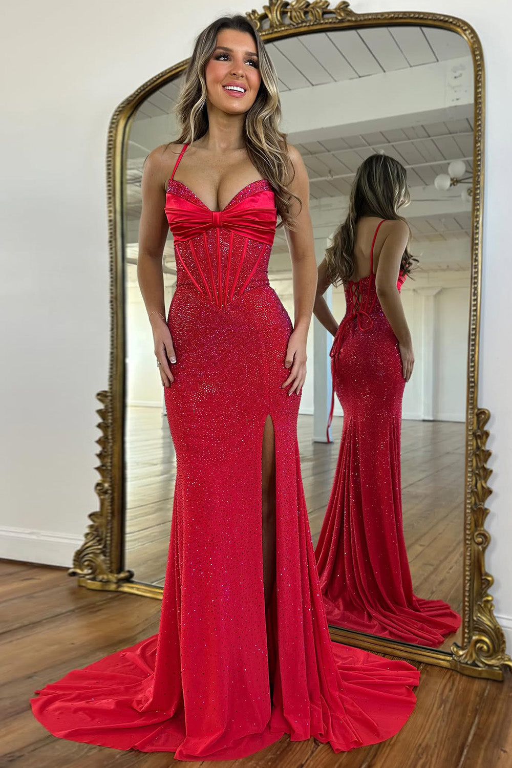 Sparkly Light Blue Spaghetti Straps Mermaid Corset Prom Dress with Slit