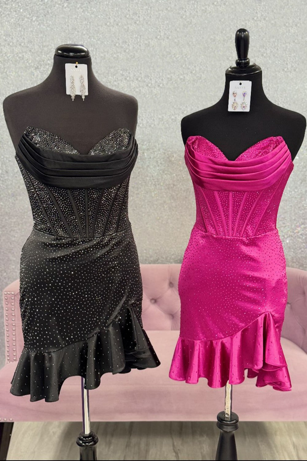 Glitter Strapless Satin Homecoming Dress with Beading and Ruffled Hem