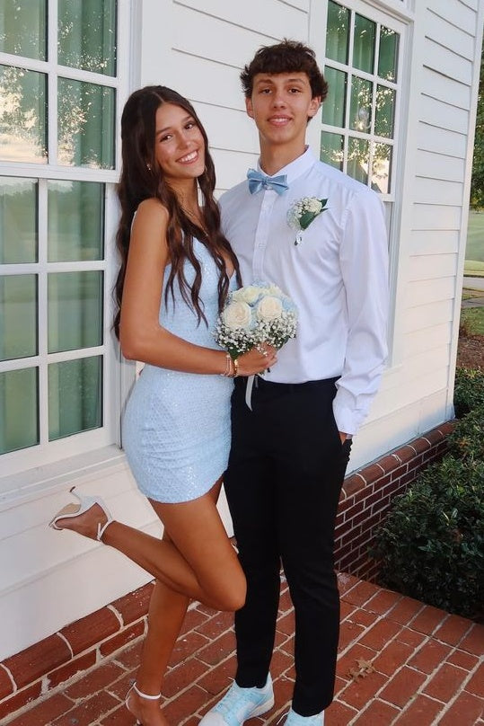 Sparkly Sheath Spaghetti Straps Light Blue Sequins Short Homecoming Dress