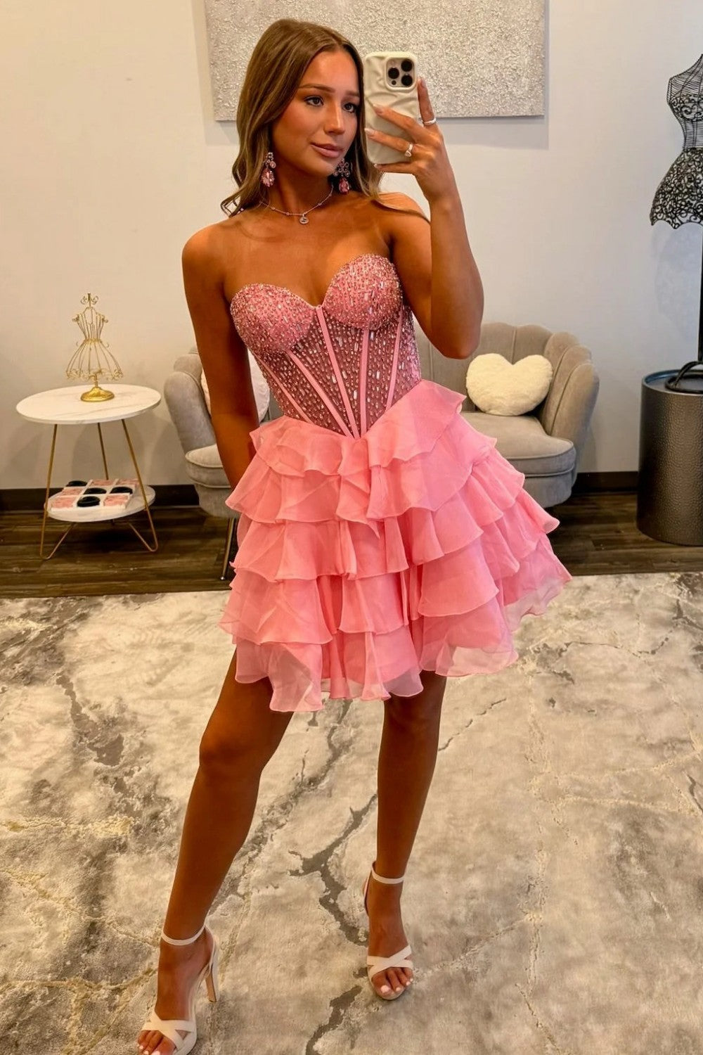 Sparkly Sweetheart Corset Homecoming Dress with Flowy Tiered Ruffles