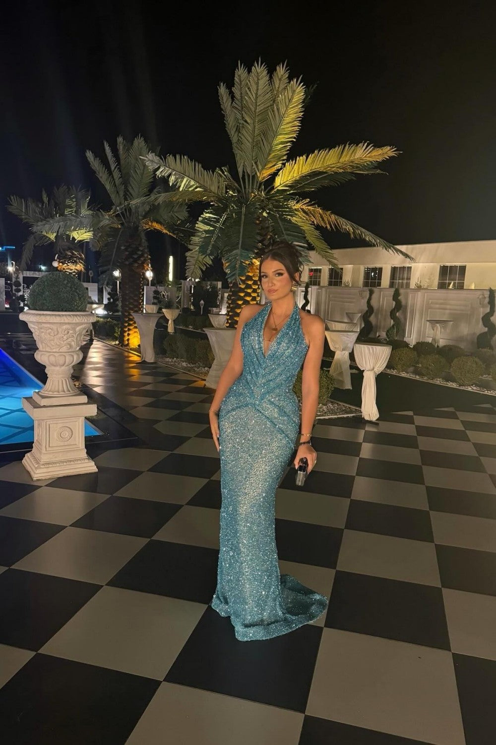 Sparkly Blue Halter Mrmaid Prom Gown with Plunging Neckline