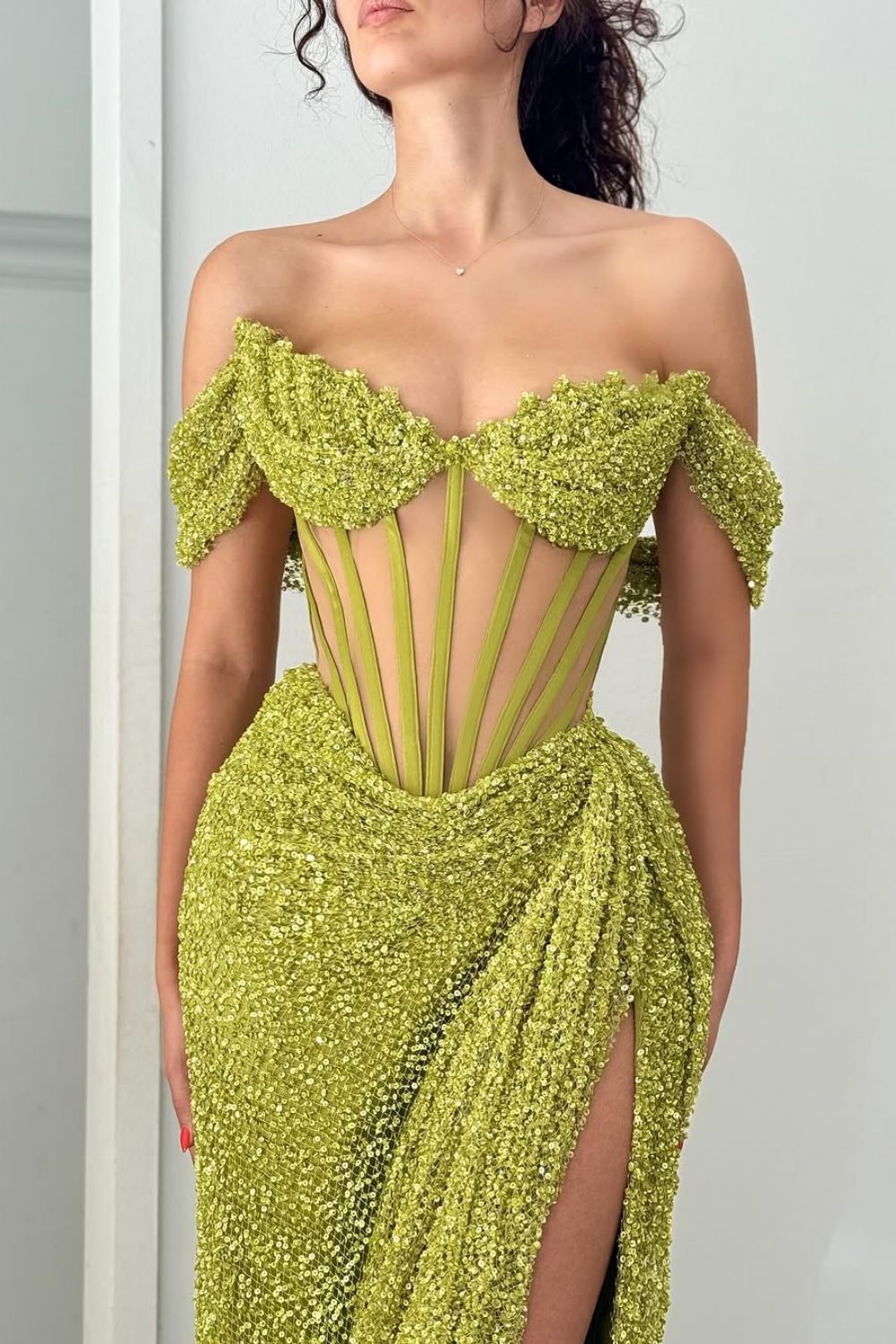 Sparkly Green Off Shoulder Corset Sequin Prom Dress with High Slit