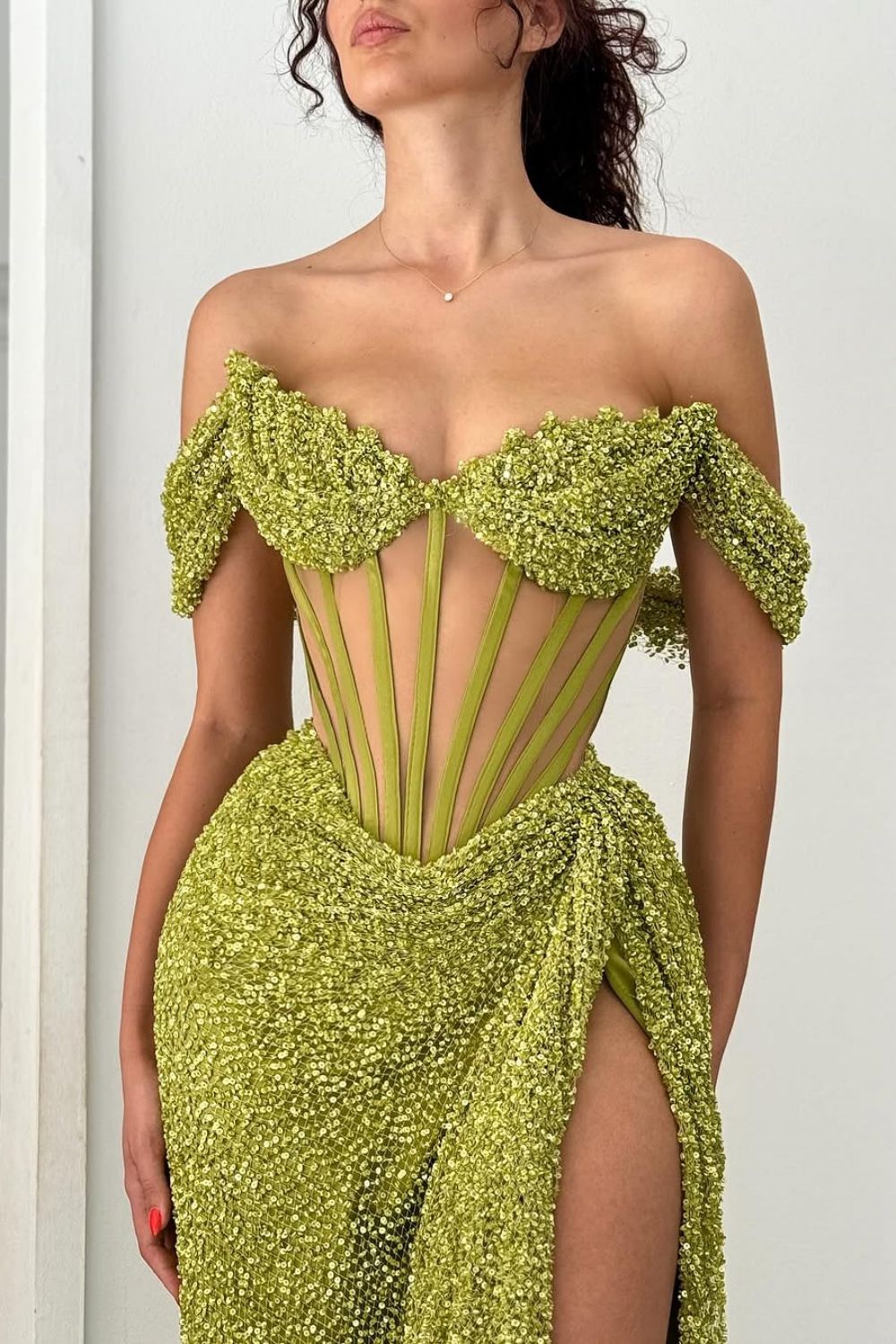Sparkly Green Off Shoulder Corset Sequin Prom Dress with High Slit