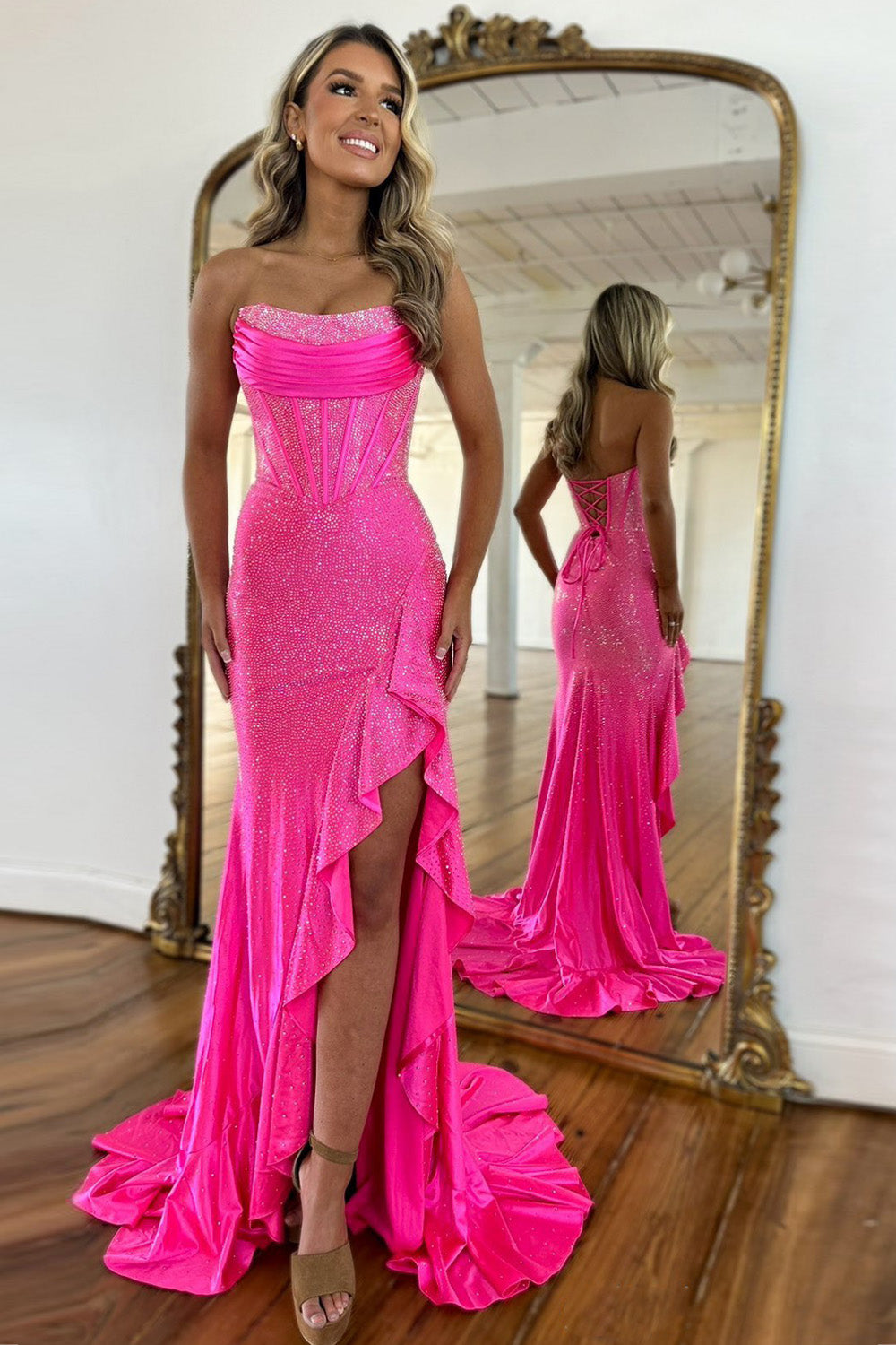 Light Blue Strapless Mermaid Prom Dress with Lace Up Back Beaded Details and Leg Slit