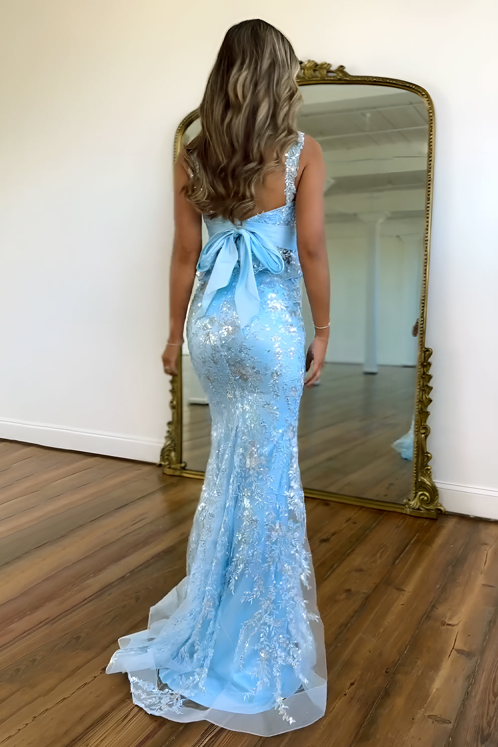 Sparkly Light Blue Sequin Lace Mermaid Prom Dress with Bow Back and Ruffle Peplum Design