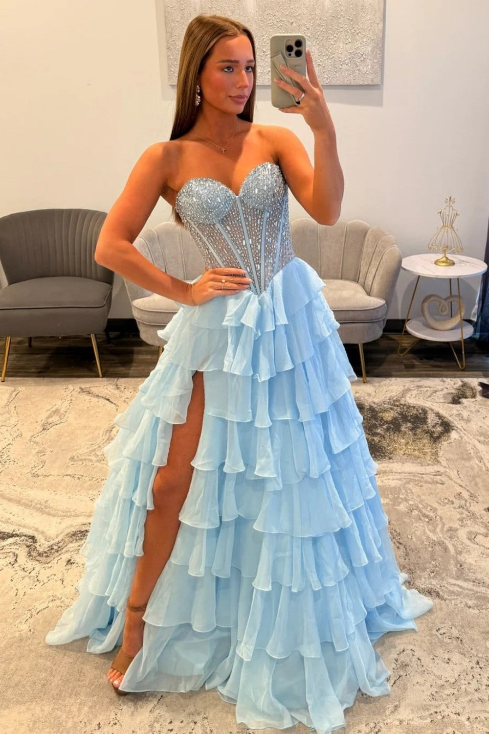 Sparkly Light Blue Sweetheart Corset Prom Dress with Tiered Ruffles and High Slit