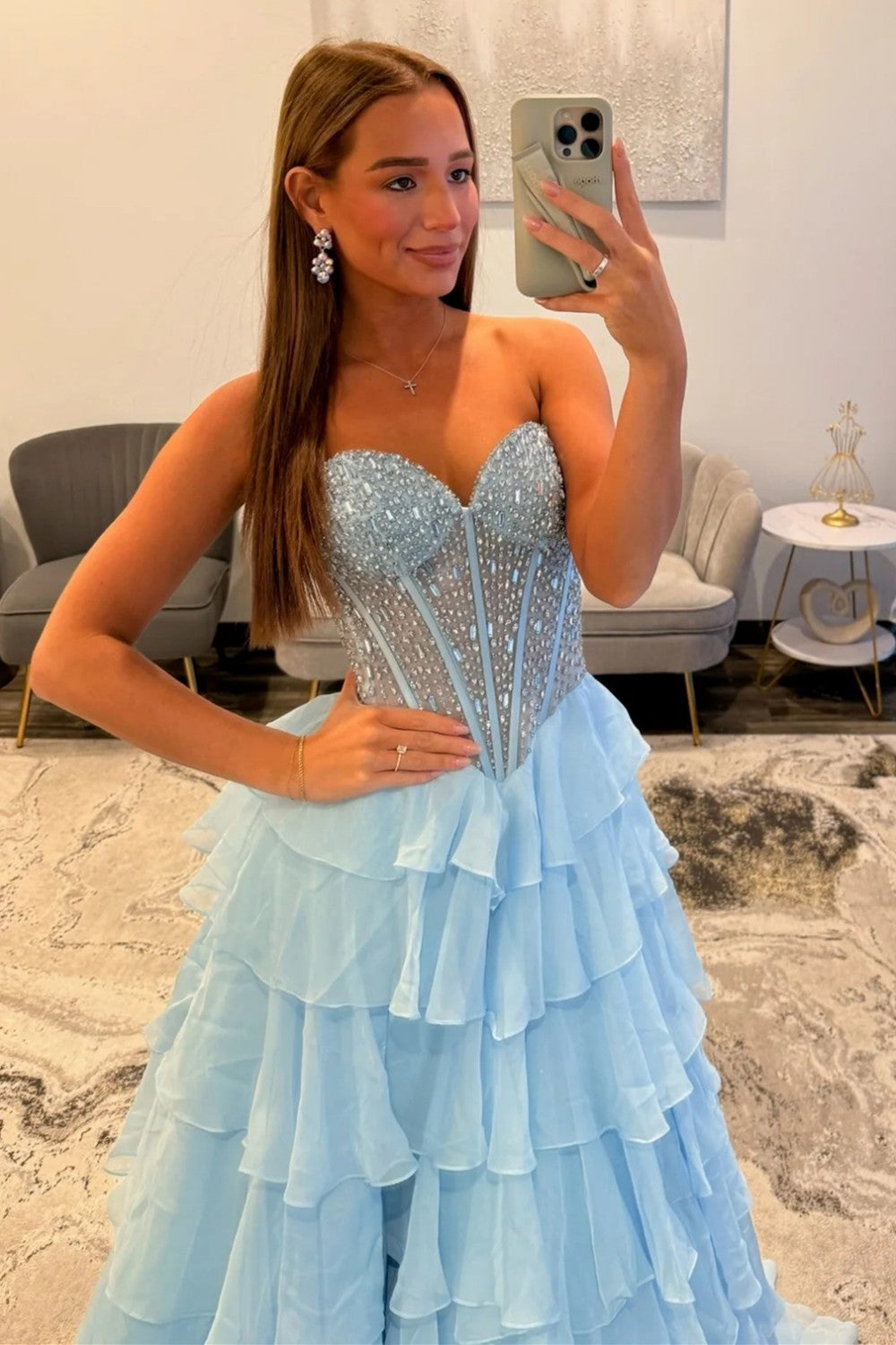 Sparkly Light Blue Sweetheart Corset Prom Dress with Tiered Ruffles and High Slit