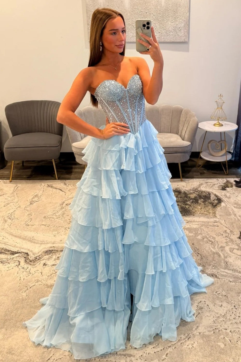 Sparkly Light Blue Sweetheart Corset Prom Dress with Tiered Ruffles and High Slit