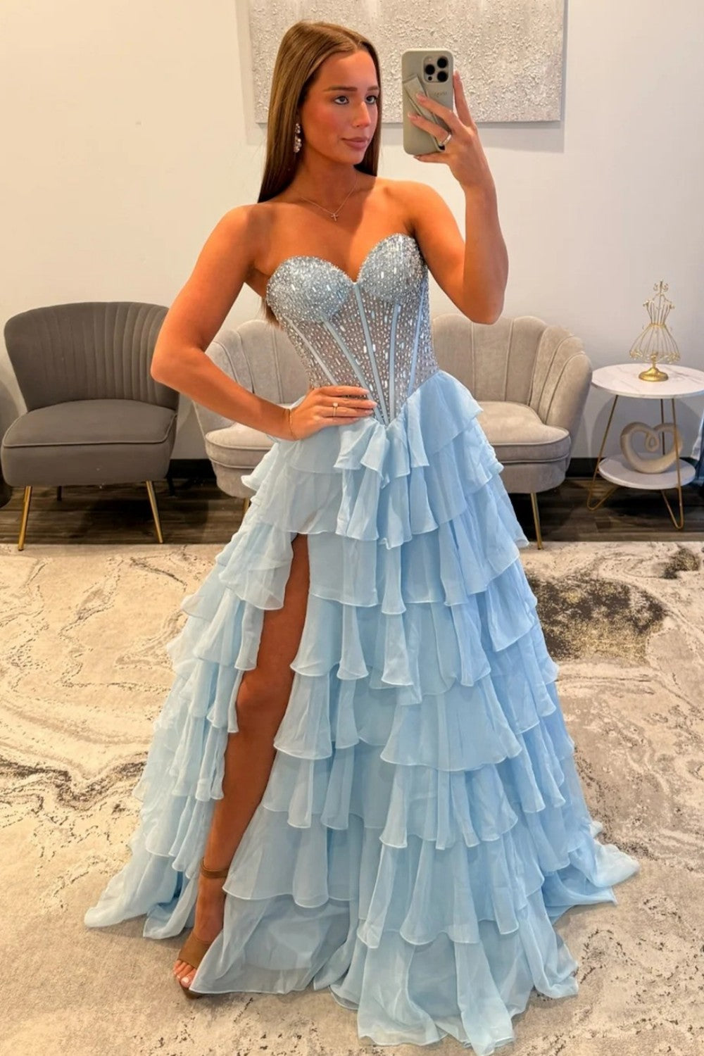 Sparkly Light Blue Sweetheart Corset Prom Dress with Tiered Ruffles and High Slit