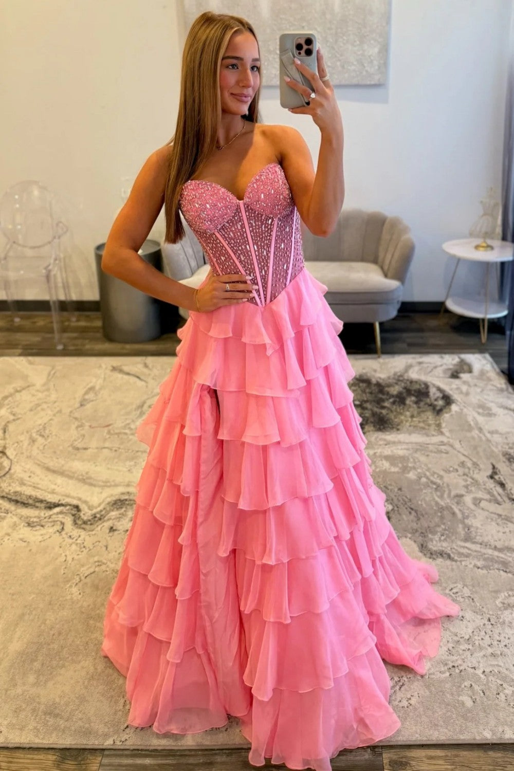 Sparkly Light Blue Sweetheart Corset Prom Dress with Tiered Ruffles and High Slit