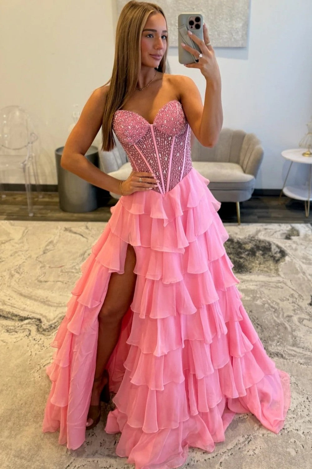 Sparkly Light Blue Sweetheart Corset Prom Dress with Tiered Ruffles and High Slit