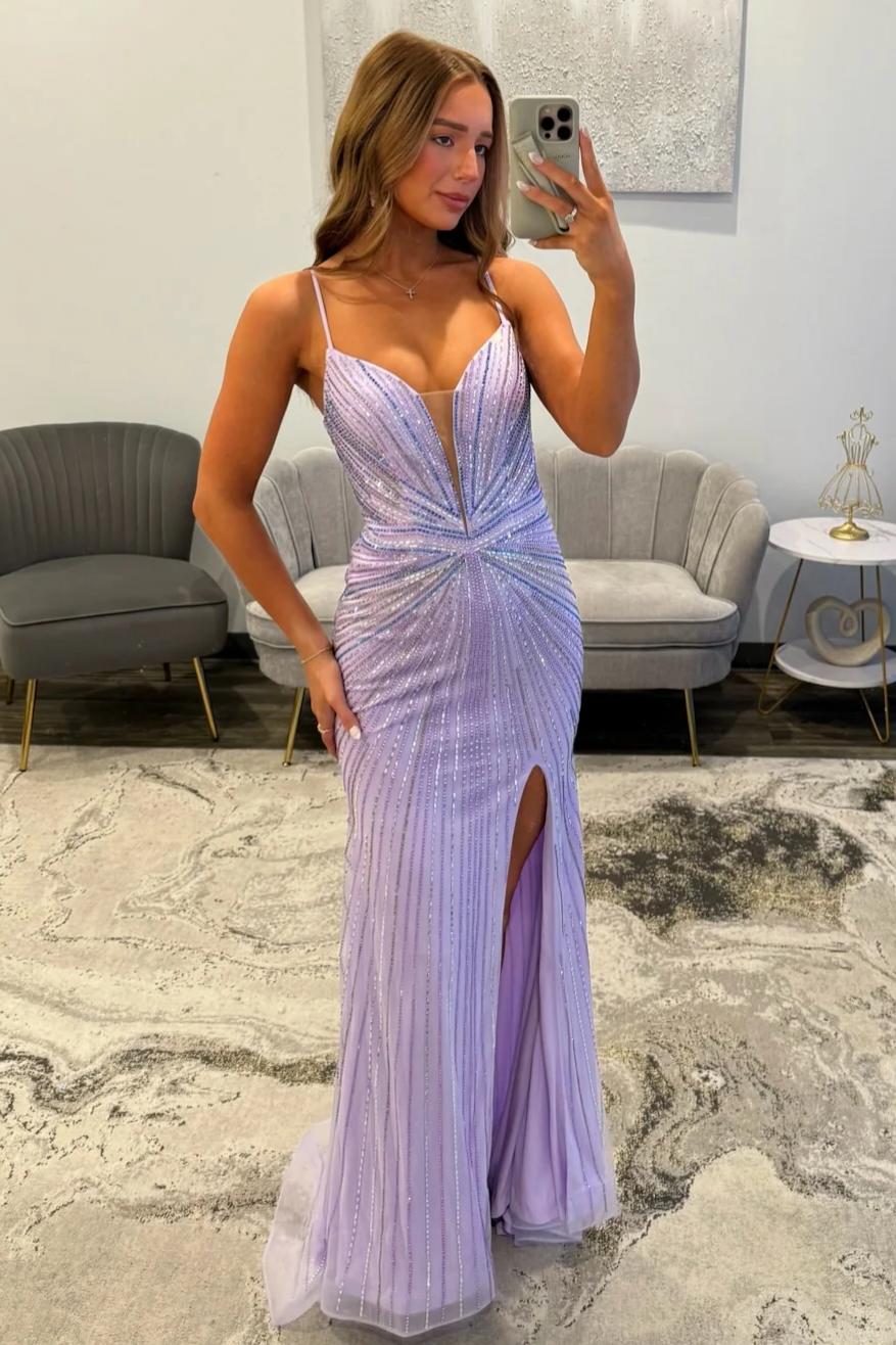 Sparkly Lilac Spaghetti Straps Long Beaded Prom Dress with Side Slit
