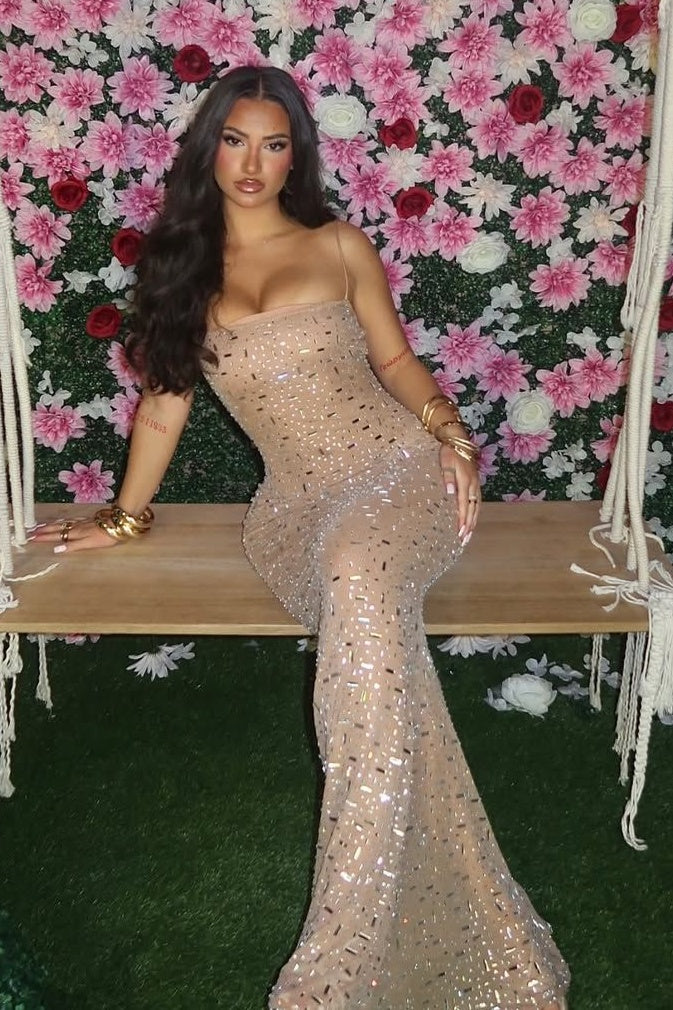 Sparkly Mermaid Spaghetti Straps Light Champagne Long Party Dress with Beading