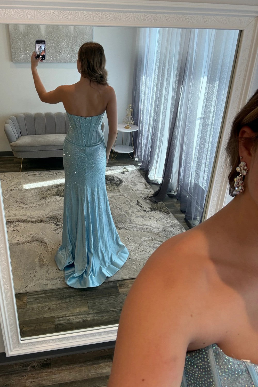 Sparkly Mermaid Strapless Hot Pink Long Prom Dress with Beading Split Front